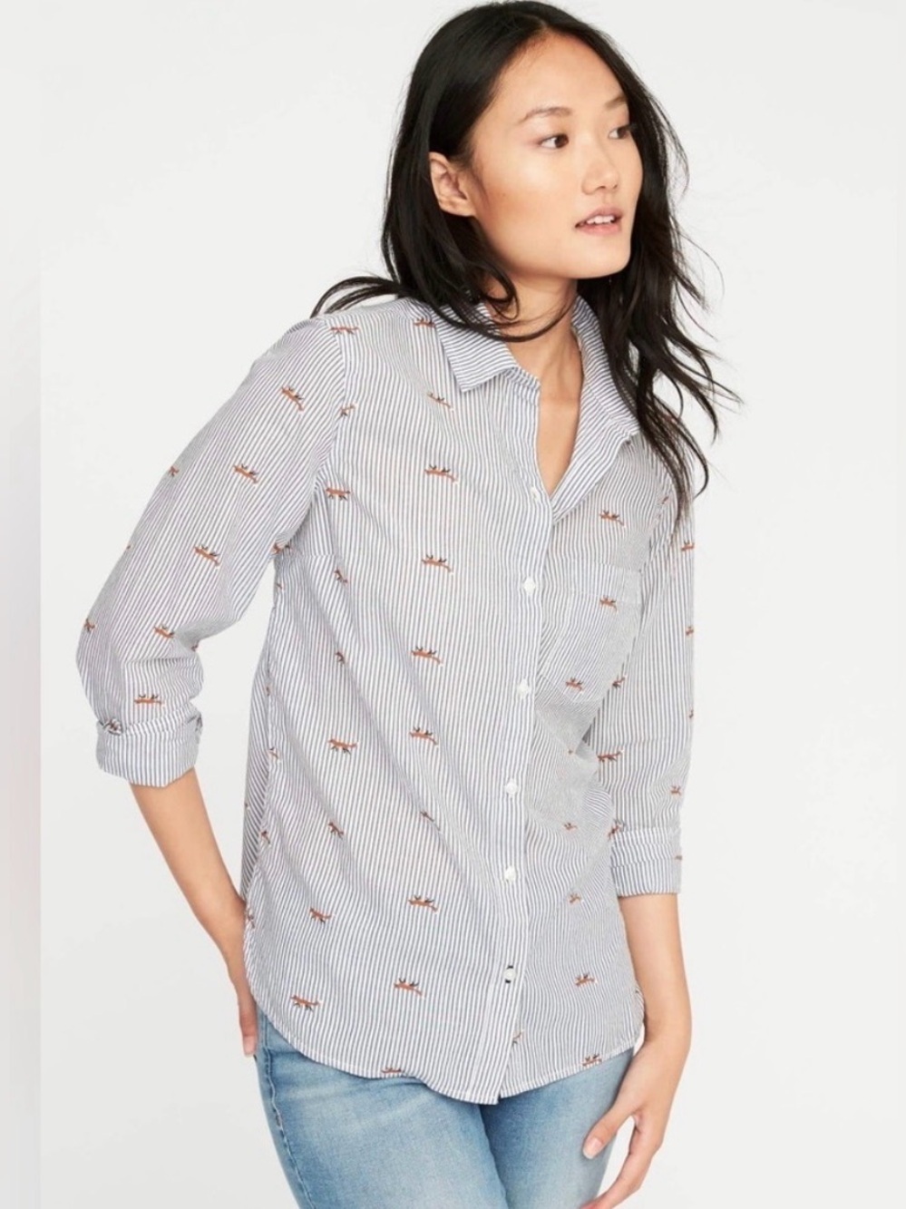 Striped Button-Down Shirt with Fox Embroidery - Blue & White